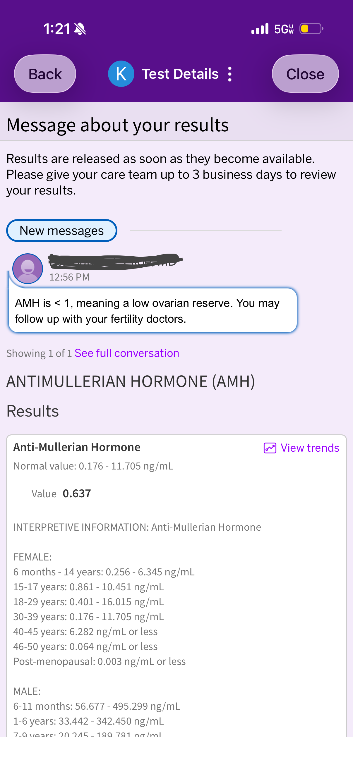 Lab results screen showing an Anti-Mullerian Hormone (AMH) value of 0.637 ng/mL, flagged as indicating low ovarian reserve.