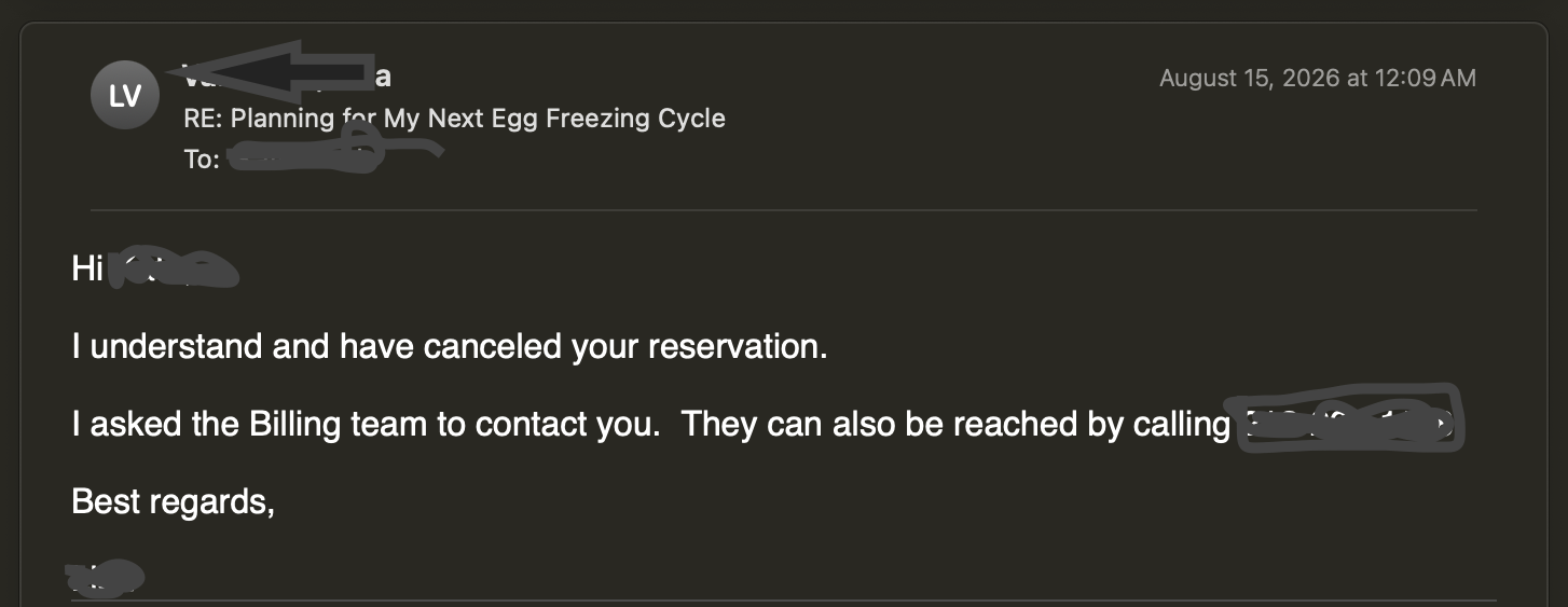 Clinic's reply on August 15, 2026 confirming the reservation was canceled and directing billing questions to the billing team.