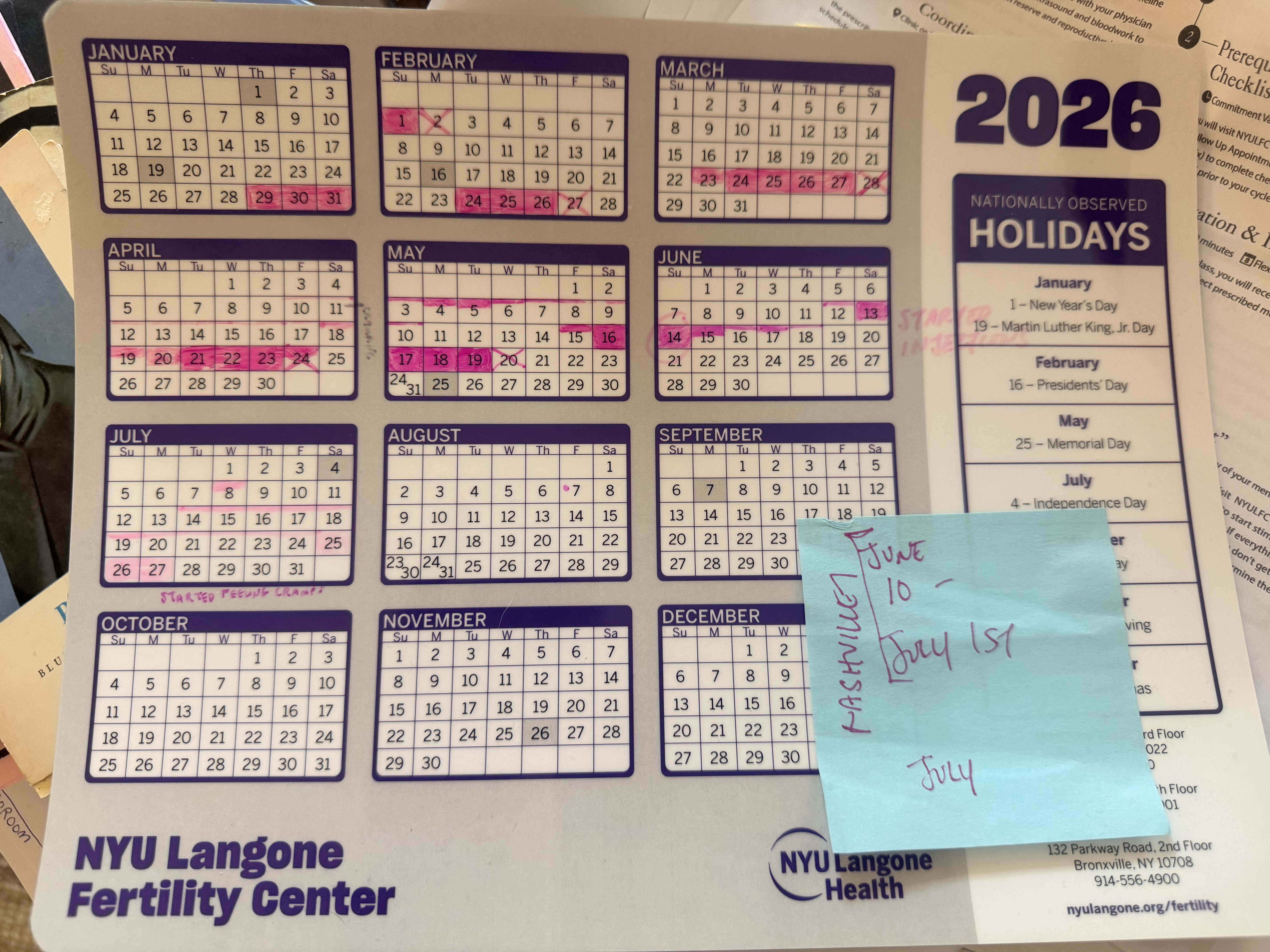 A hand-marked calendar tracking medication days and appointment dates for this cycle.