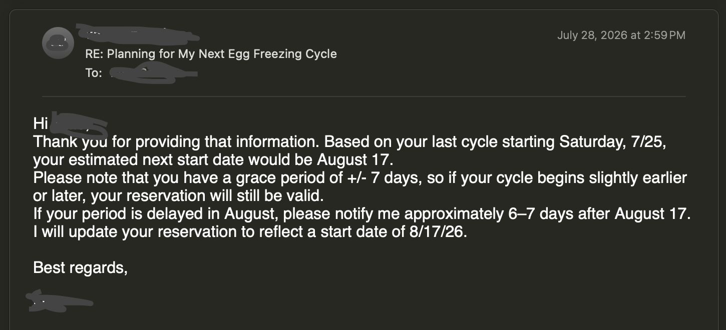 Clinic's reply on July 28, 2026 confirming July 25 as the cycle start date and estimating August 17 as the next cycle start, with a roughly week-long grace period.