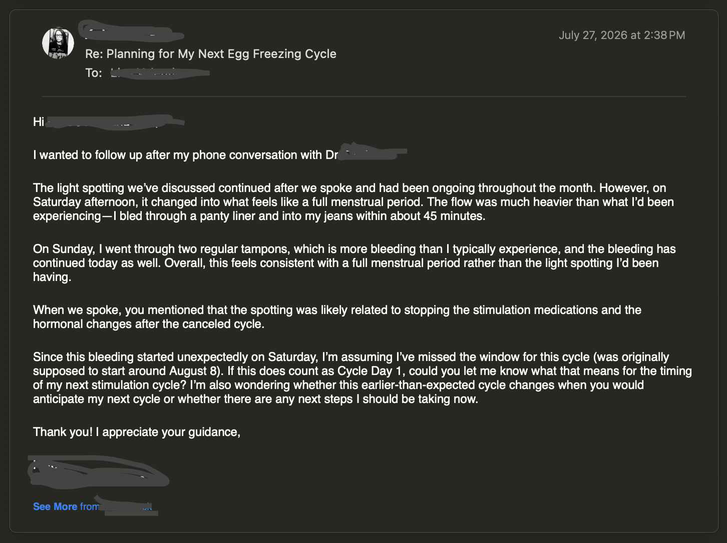 Follow-up email sent July 27, 2026 describing the bleeding becoming a full period and asking whether it counts as Cycle Day 1.
